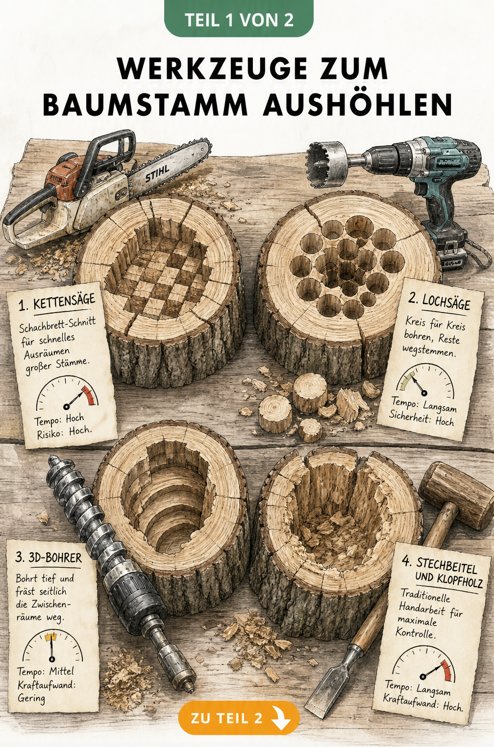 Illustration verschiedener Werkzeuge zum Aushöhlen eines Baumstamms wie Kettensäge, Lochsäge, 3D-Bohrer und Stechbeitel