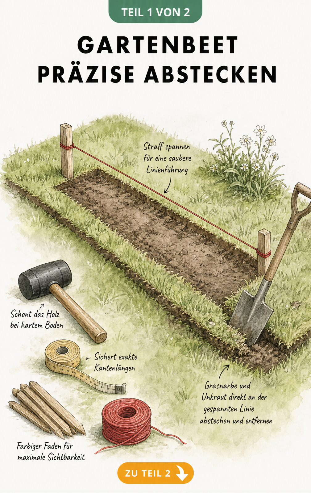 Illustration von Werkzeugen zum Abstecken eines Gartenbeets wie Gummihammer, Maßband, Holzpflöcke und rote Schnur