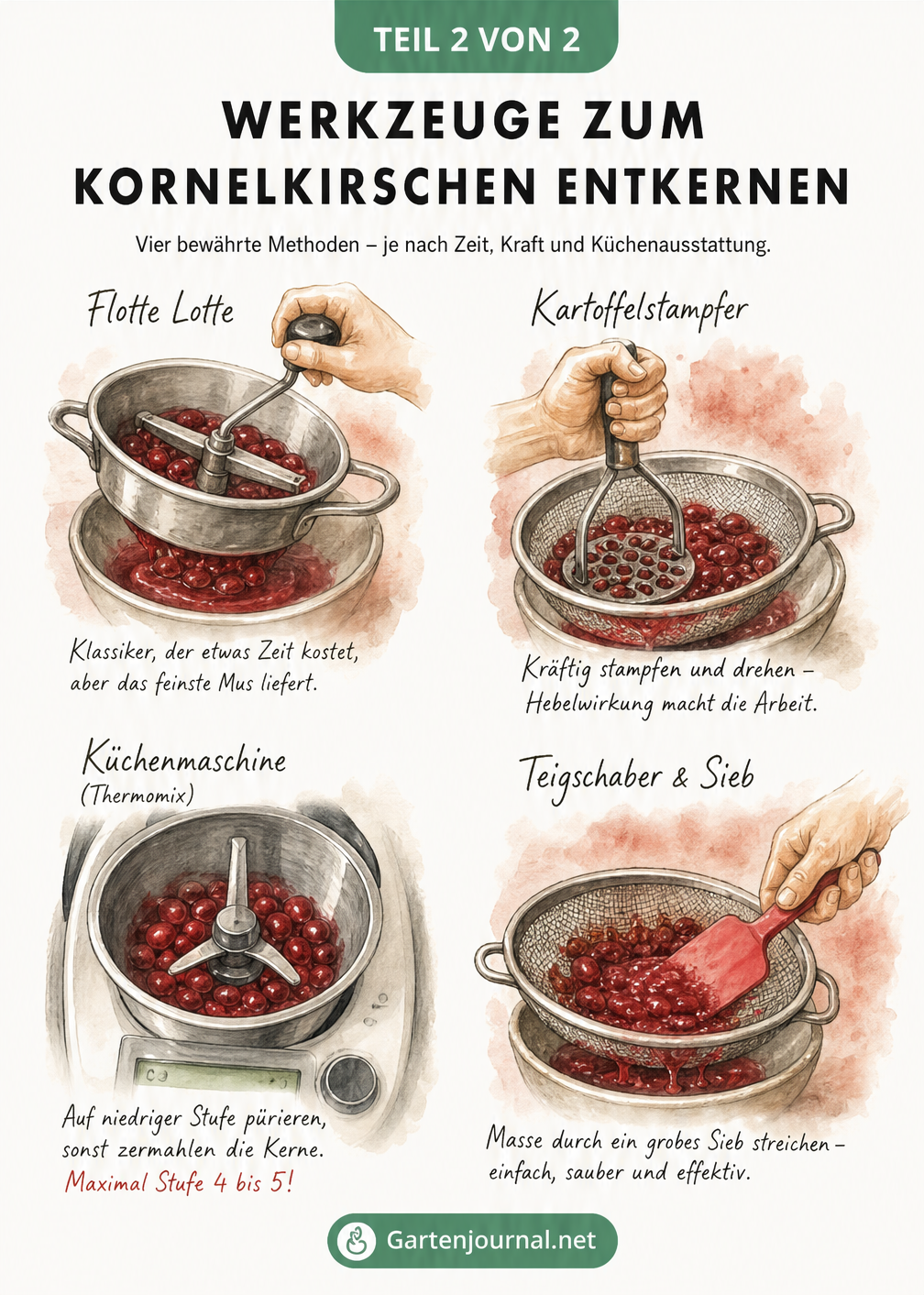 Skizzen von vier Küchenwerkzeugen zum Entkernen von Kornelkirschen: Flotte Lotte, Kartoffelstampfer, Küchenmaschine und Teigschaber mit Sieb.