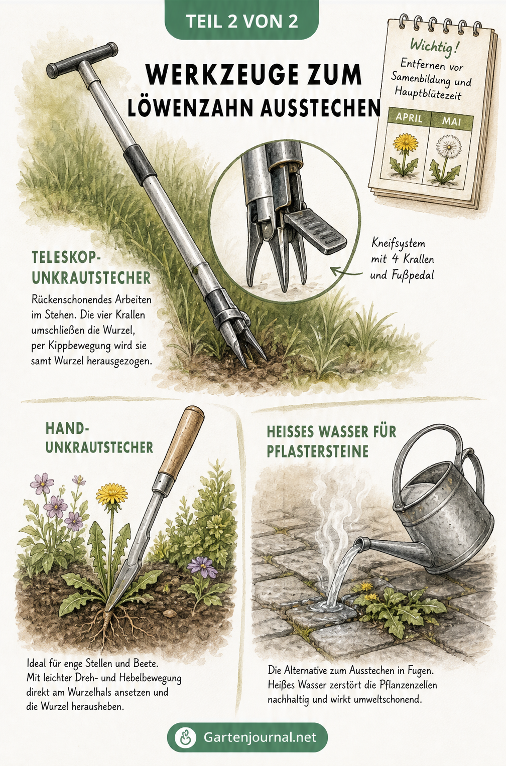 Illustration verschiedener Werkzeuge zum Löwenzahn ausstechen: Teleskop-Unkrautstecher, Hand-Unkrautstecher und heißes Wasser für Pflasterfugen