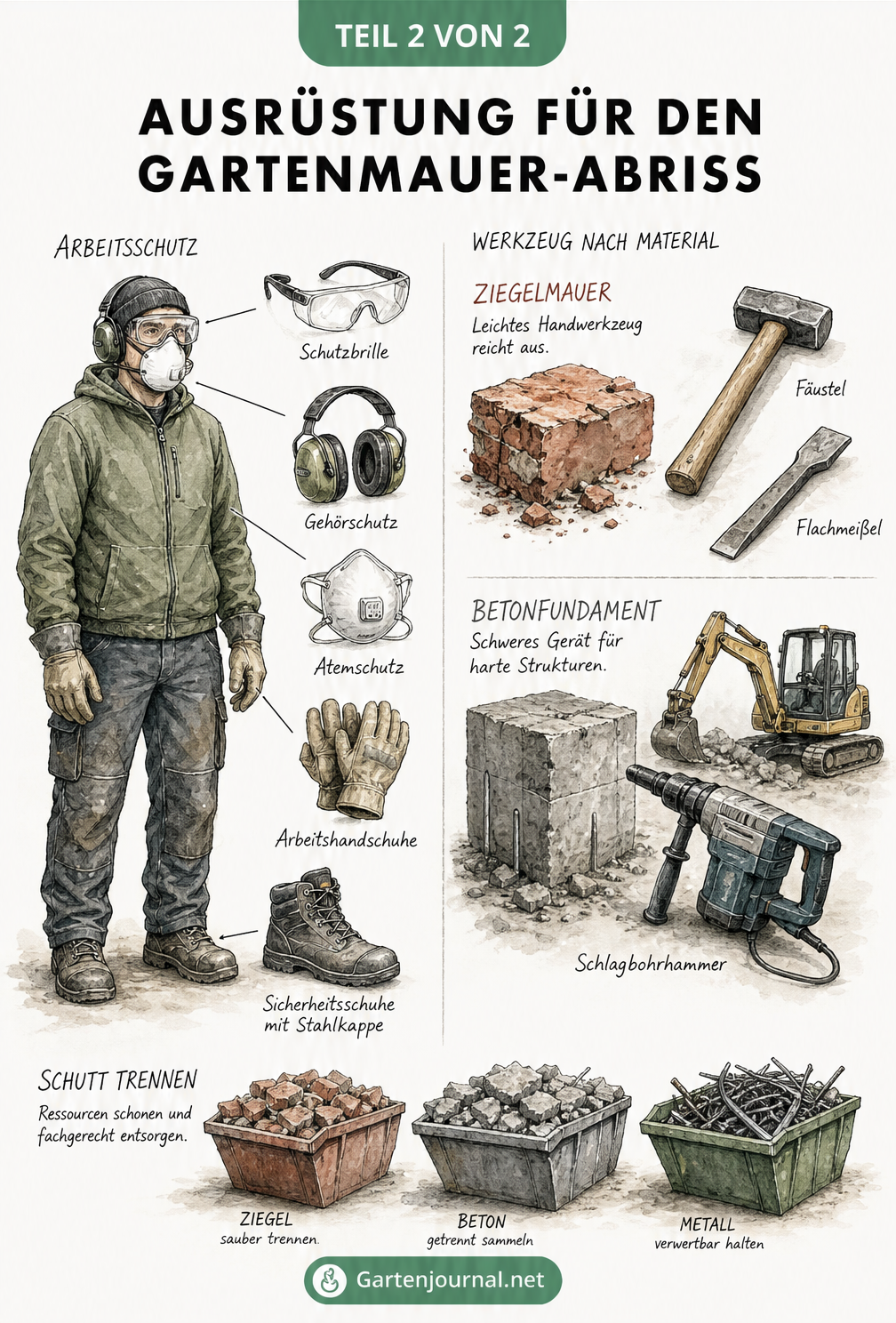 Illustration der Schutzausrüstung und Werkzeuge für den Abriss von Ziegel- und Betonmauern