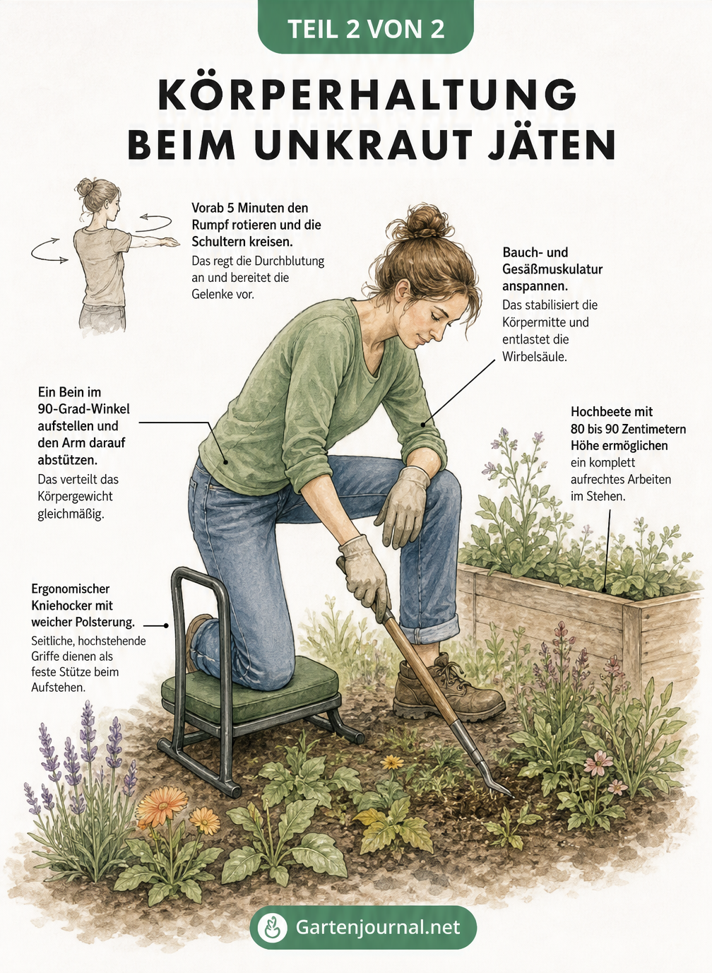 Querschnitt-Illustration des Gartenbodens mit Tretstecher, Schuffel und Teleskop-Fugenkratzer im Einsatz
