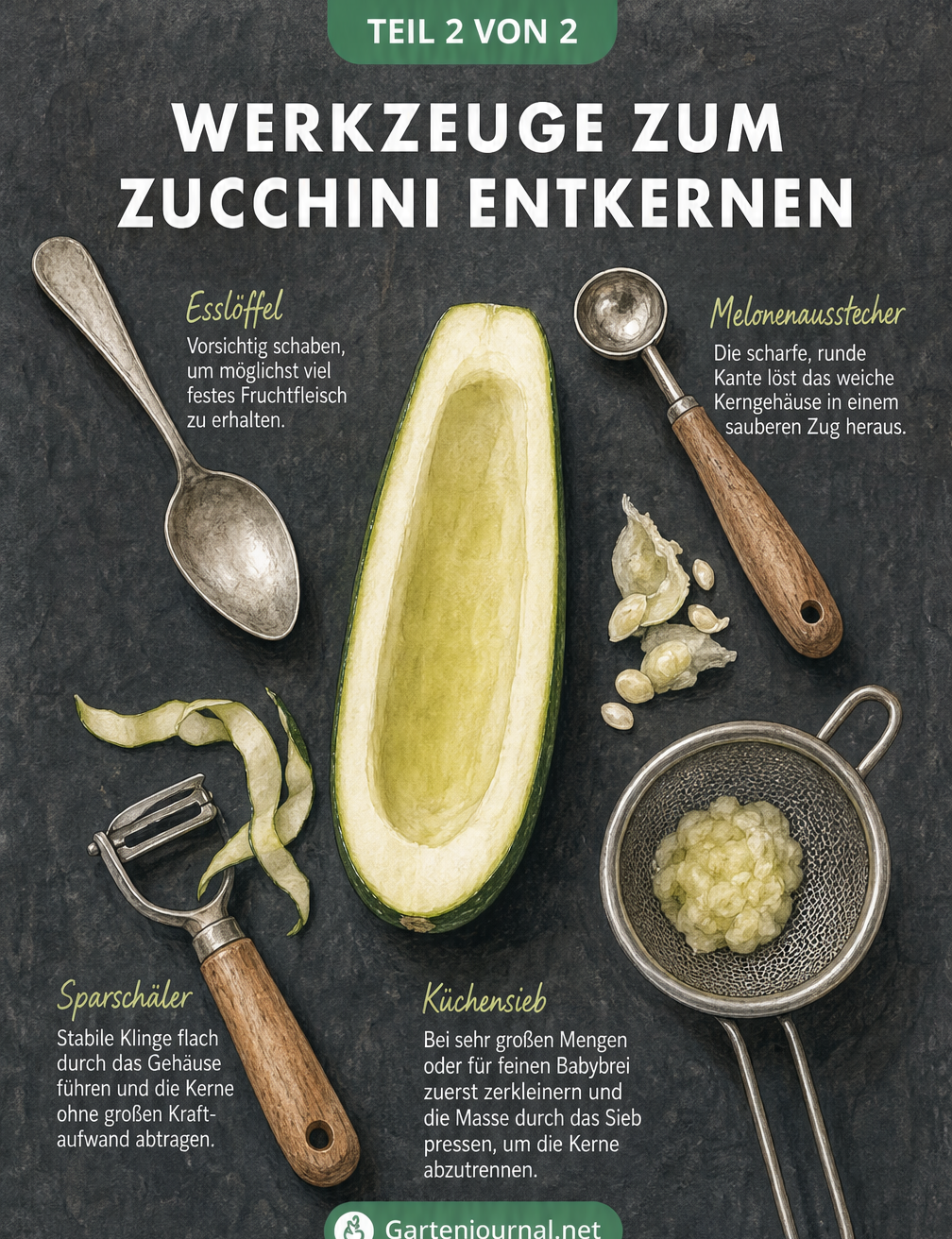 Verschiedene Küchenwerkzeuge wie Löffel, Melonenausstecher und Sparschäler zum Entkernen von Zucchini