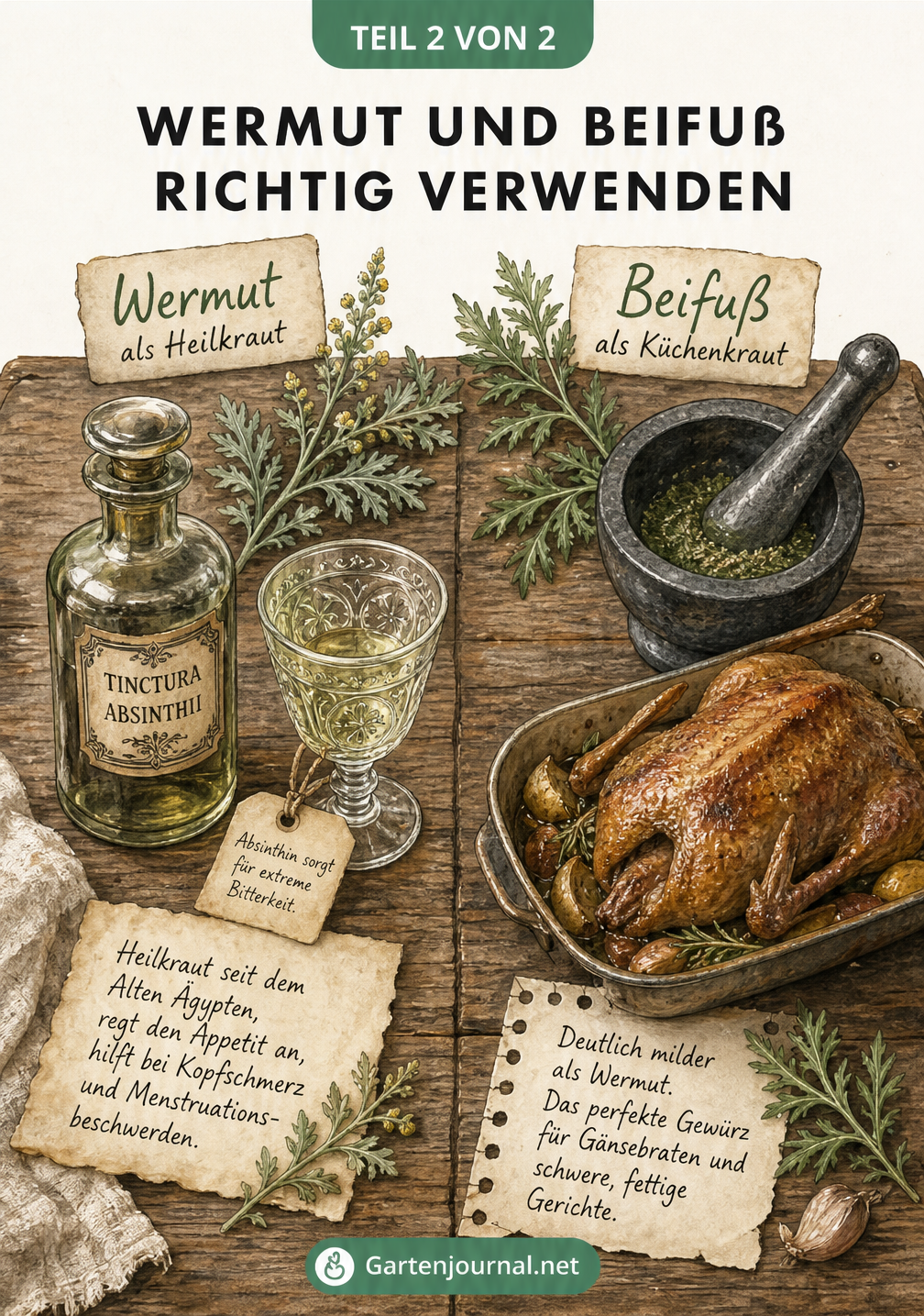 Illustration eines Tisches mit Wermut als Heilkraut und Beifuß als Küchenkraut