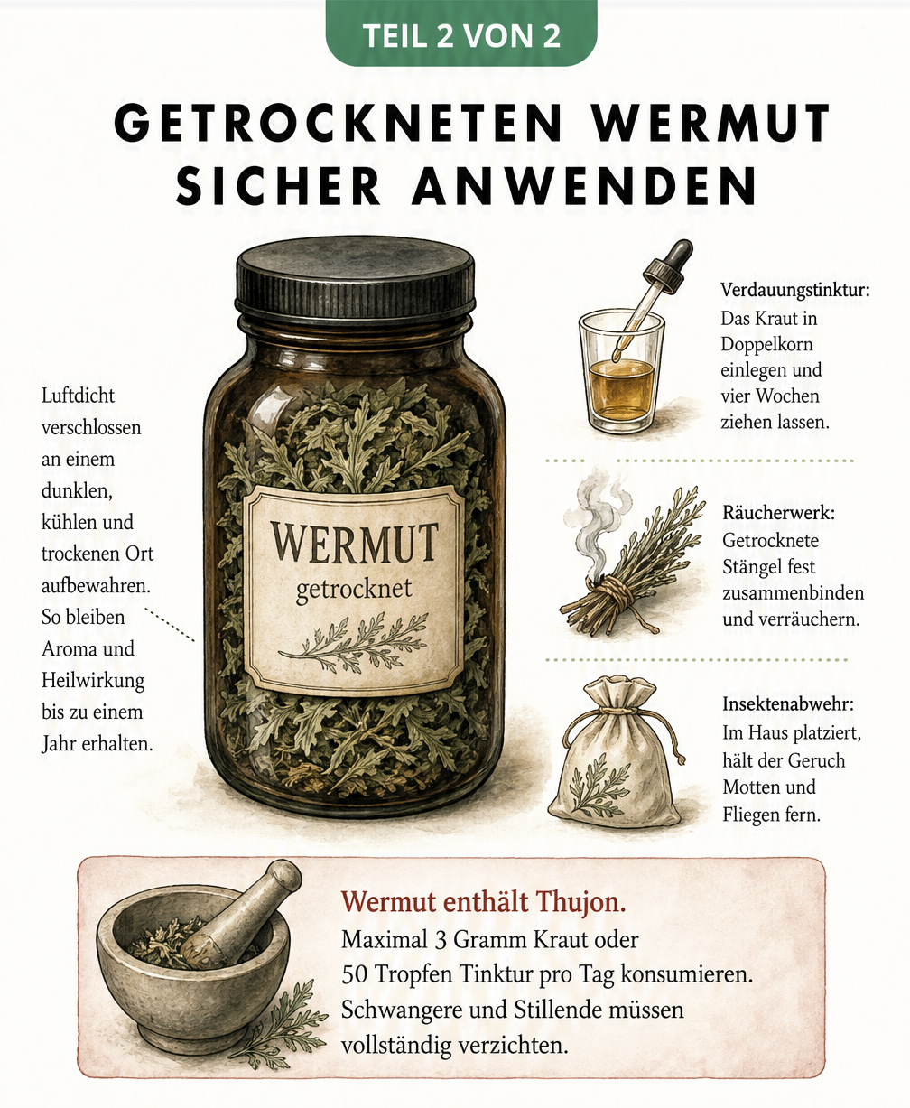 Illustration einer dunklen Apothekerflasche mit getrocknetem Wermut sowie Anwendungsbeispielen: Verdauungstinktur, Räucherbündel und Insektensäckchen.