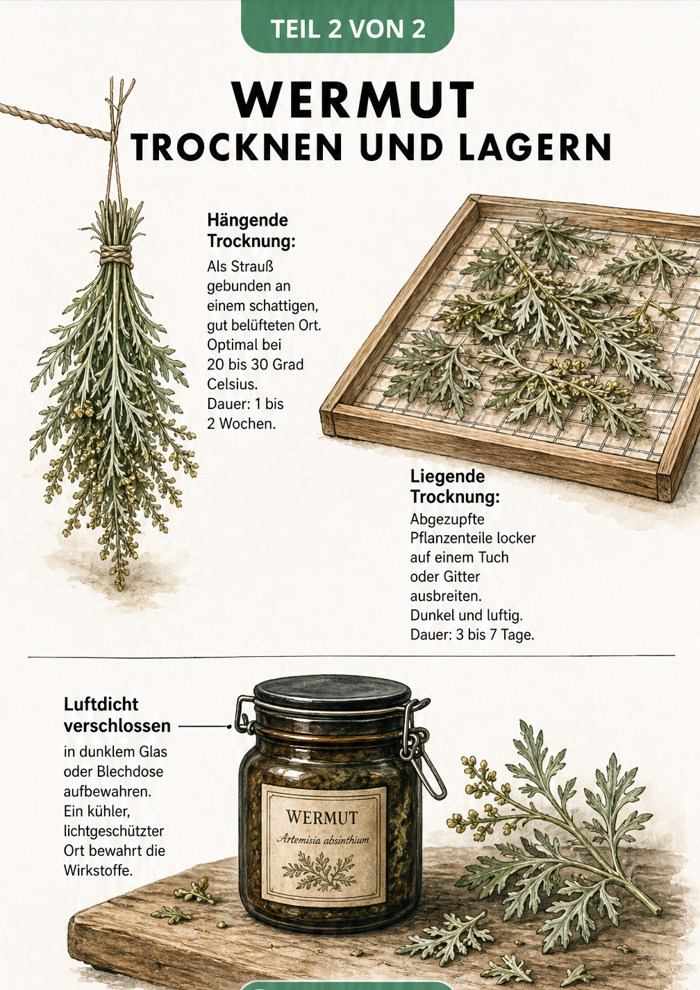 Illustration zur hängenden und liegenden Trocknung von Wermut sowie der Lagerung im Apothekerglas