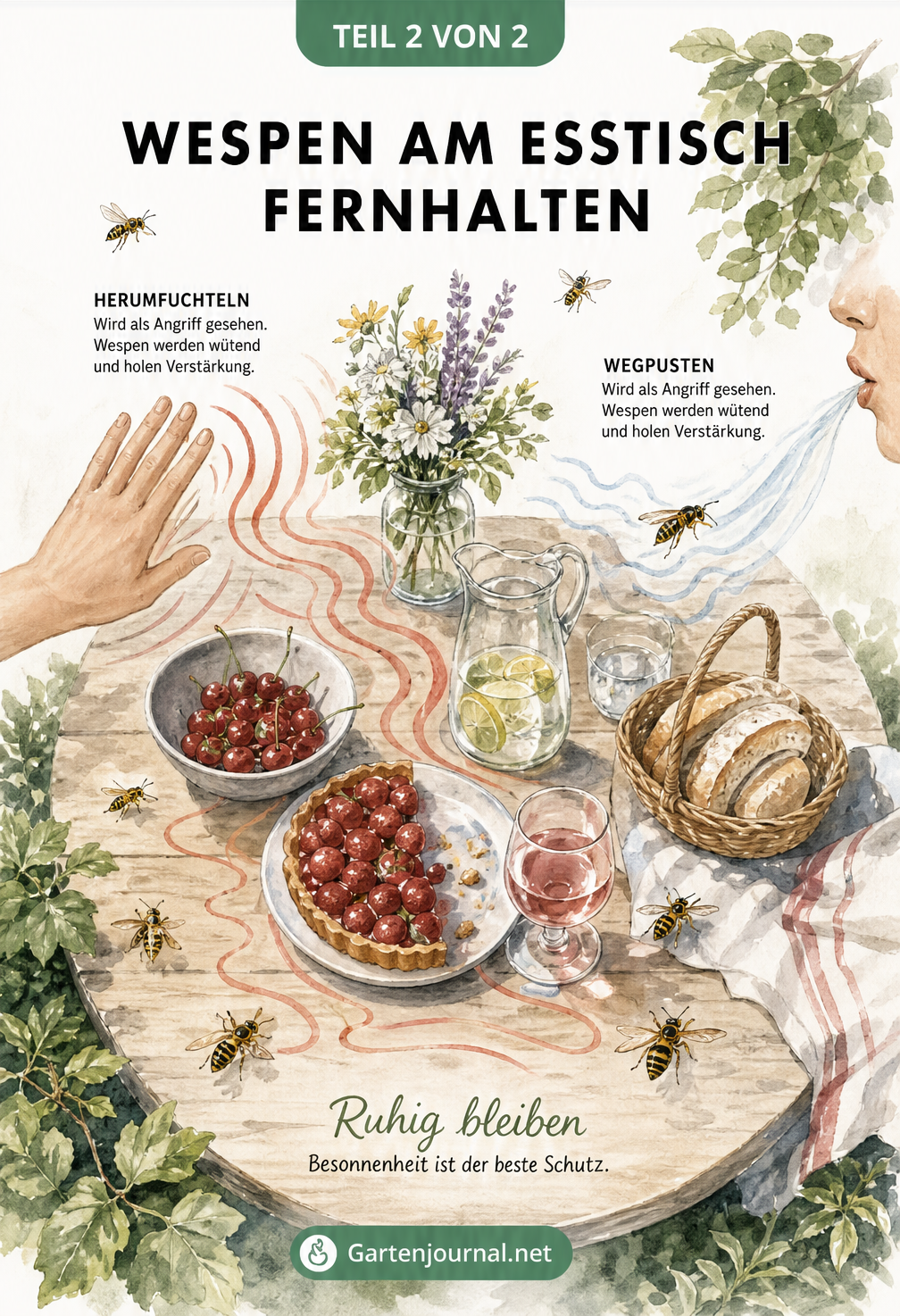 Aufsicht auf einen Gartentisch: Eine Hand fuchtelt nach einer Wespe, ein Atemzug pustet sie an. Signallinien zeigen, wie dadurch weitere Wespen angelockt...