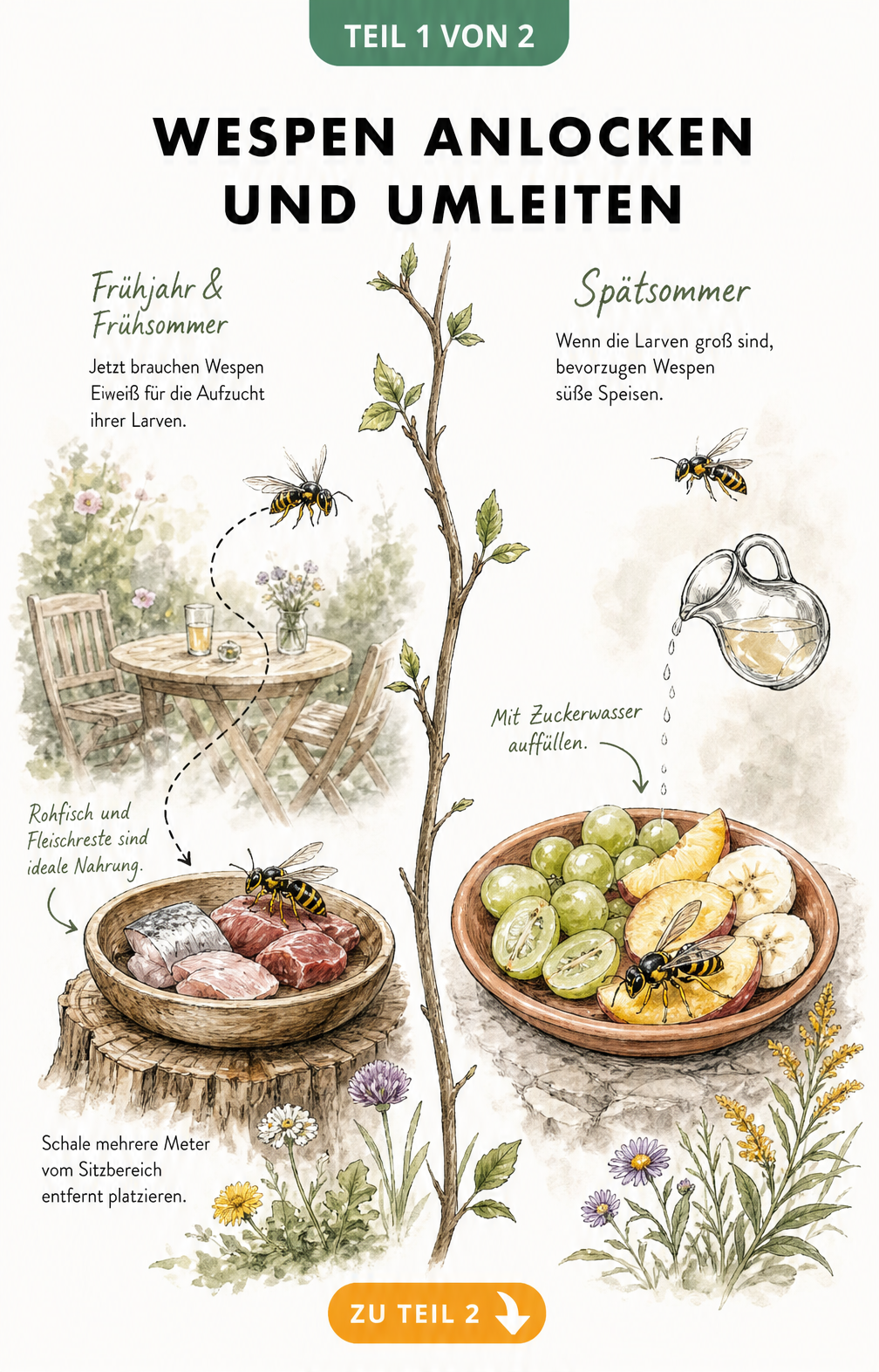 Aquarell-Zeichnung zeigt Wespen, die im Frühjahr mit Fleisch und im Spätsommer mit Obst und Zuckerwasser angelockt werden