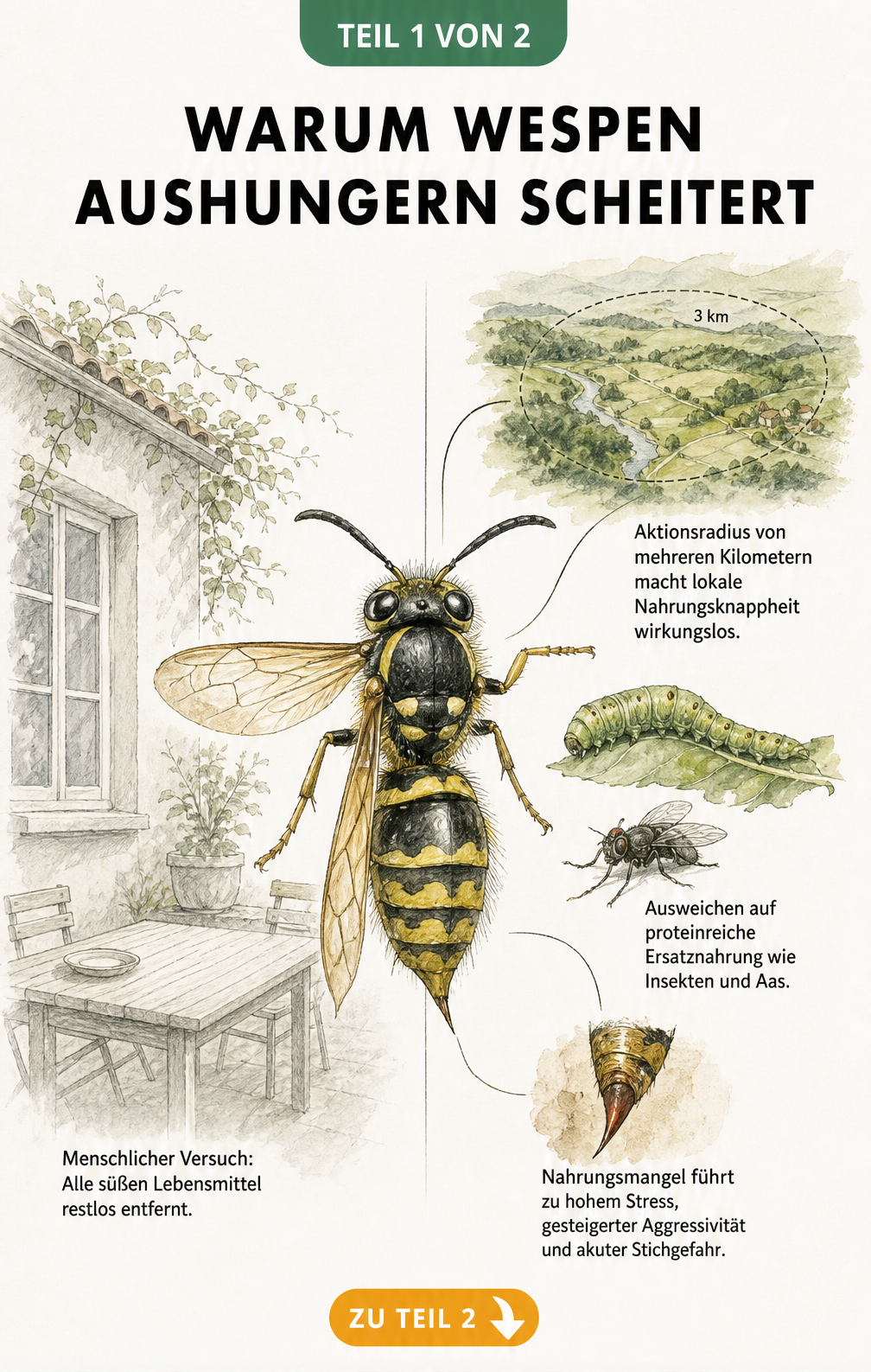 Illustration einer Wespe, die zeigt, warum das Aushungern von Wespen nicht funktioniert, da sie auf Insekten ausweichen und aggressiver werden.