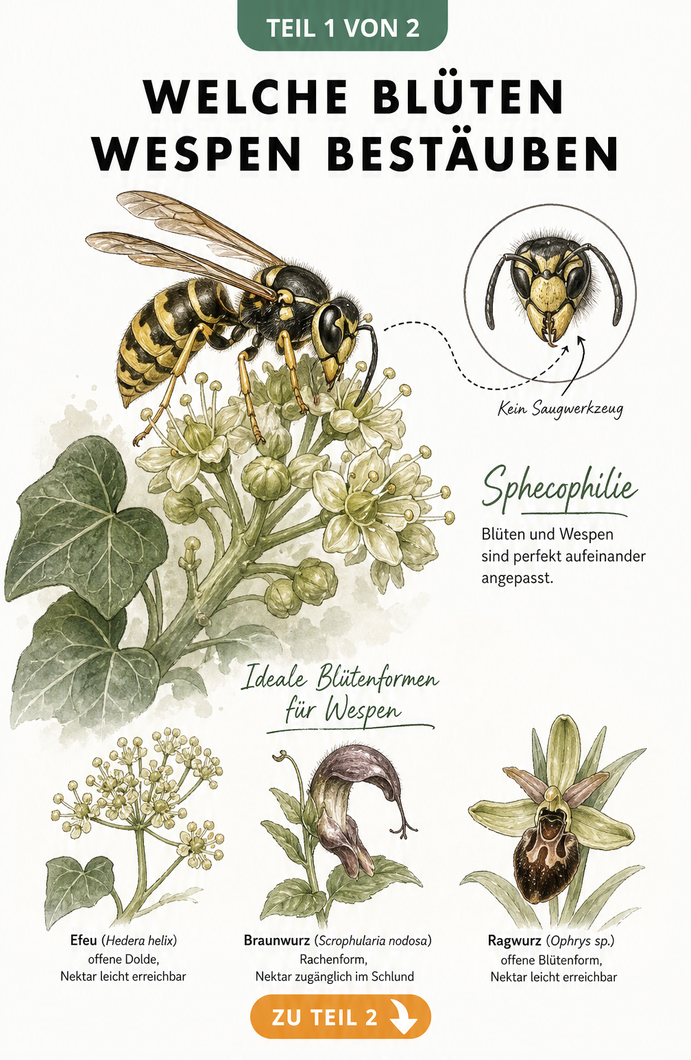 Illustration einer Wespe auf einer Efeublüte mit Detailzeichnung des fehlenden Saugwerkzeugs und Skizzen von Efeu, Braunwurz und Ragwurz