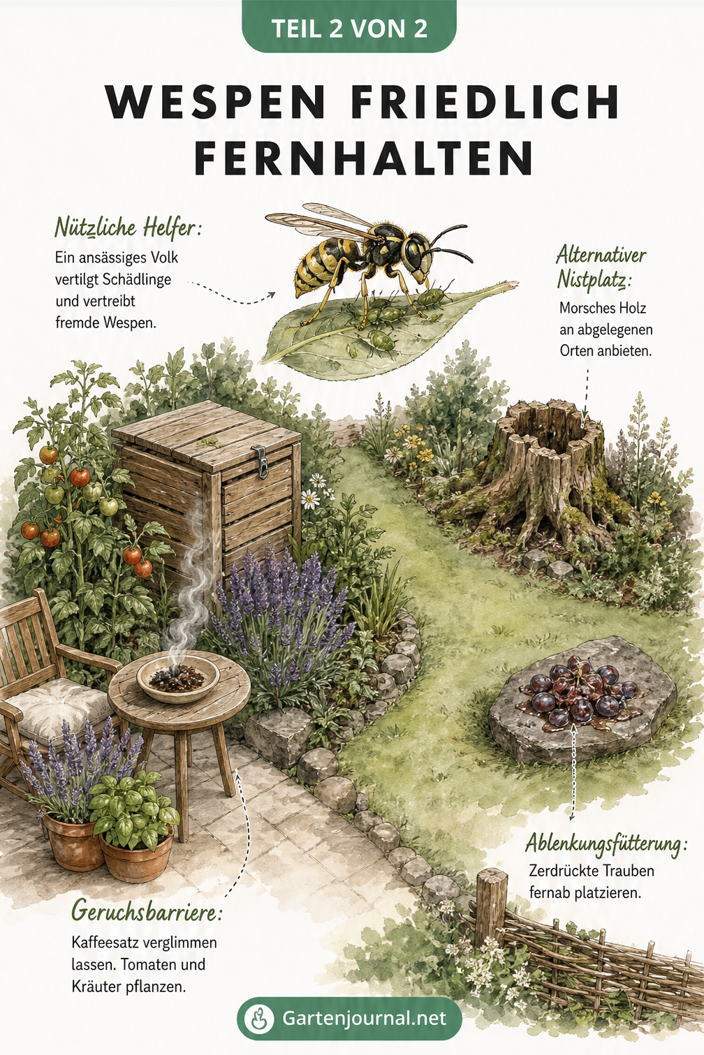 Isometrische Gartenkarte mit Schutzzone um den Kompost und Ablenkungszone mit morschem Holz und Weintrauben