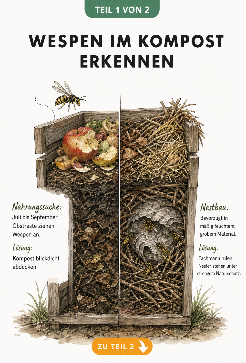 Querschnitt eines Holzkomposters mit Wespen, die von Obstreste angezogen werden oder ein Nest im Gehölzschnitt bauen