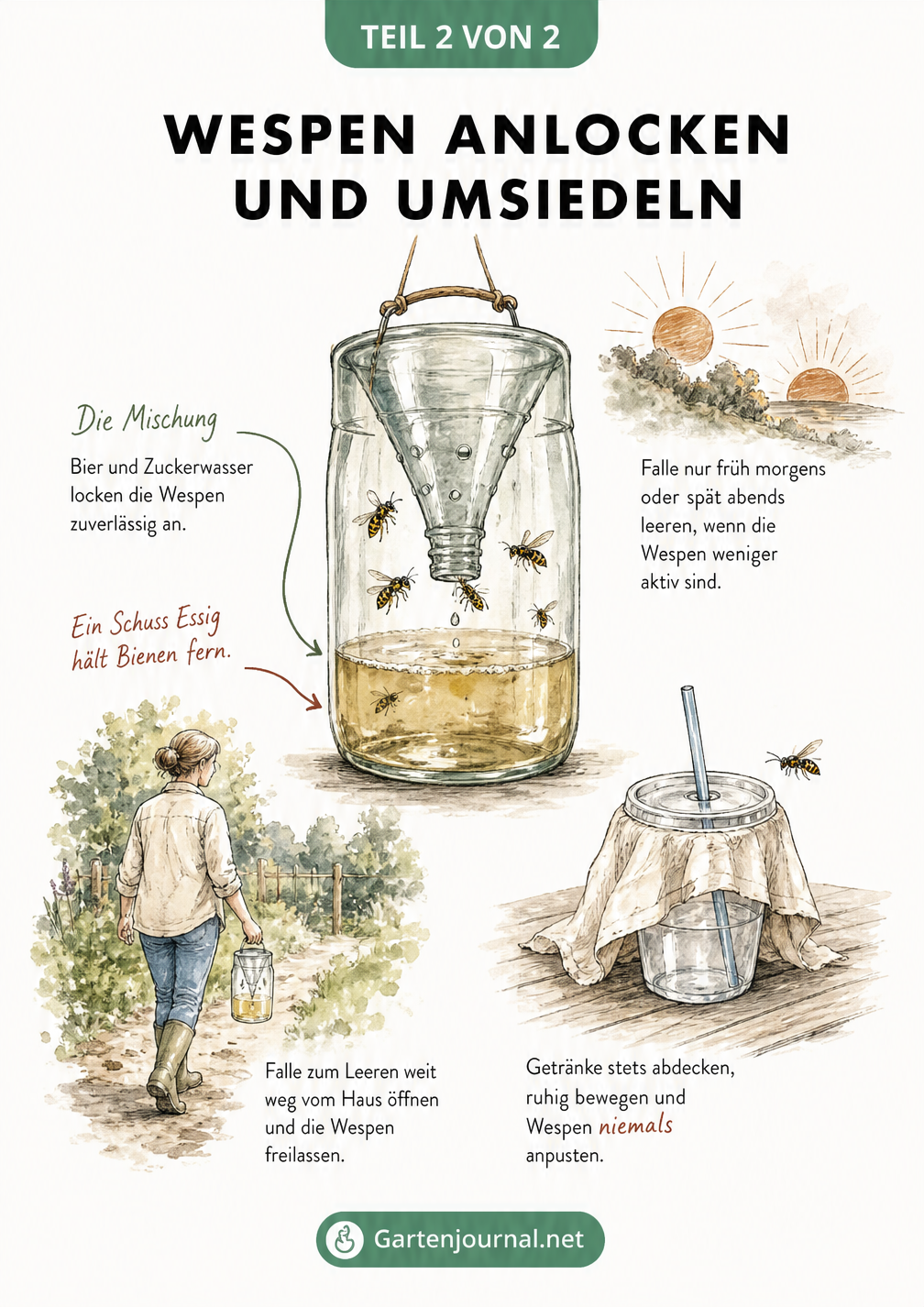Skizze einer gläsernen Lebendfalle für Wespen mit einer Mischung aus Bier, Zuckerwasser und Essig