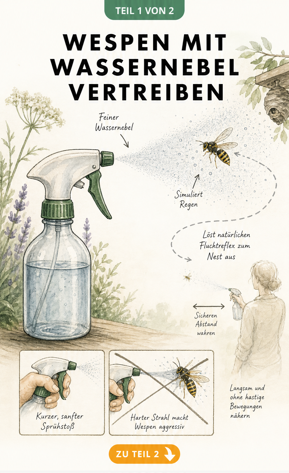 Zeichnung einer Sprühflasche, die einen feinen Wassernebel auf eine Wespe sprüht, um Regen zu simulieren.