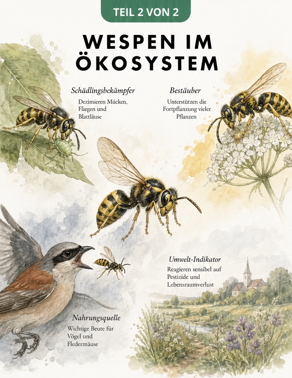 Illustration einer Wespe, die im Spätsommer an einer reifen Pflaume frisst.