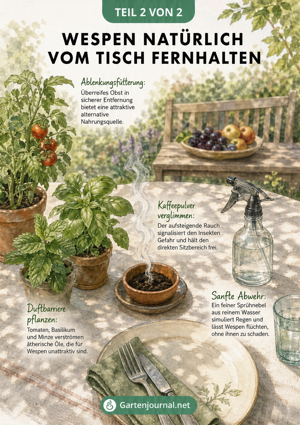 Aquarell-Illustration eines Gartentisches mit Kaffeepulver, Wassersprühflasche, Duftpflanzen und Ablenkungsfütterung gegen Wespen