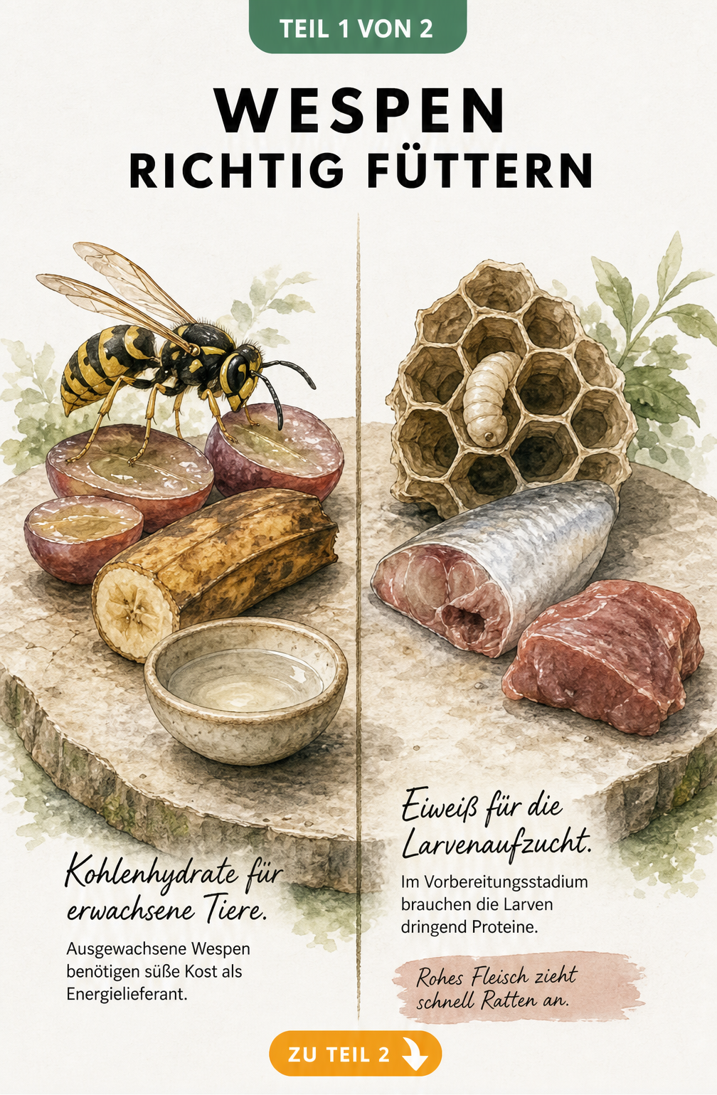 Botanische Illustration eines Wespen-Buffets mit Weintrauben und Zuckerwasser für erwachsene Tiere sowie Fleisch für Larven.