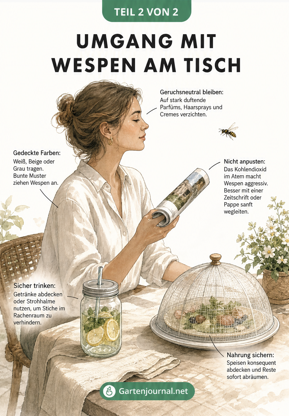 Illustration einer Person am Gartentisch, die zeigt, wie man sich bei Wespen richtig verhält, Getränke abdeckt und auf Parfüm verzichtet