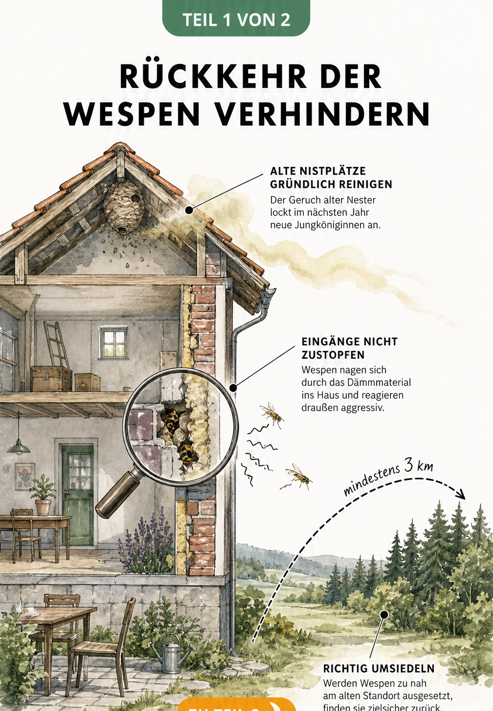 Querschnitt eines Hauses zeigt Fehler bei der Wespenabwehr: verwaistes Nest am Dachfirst, zugestopftes Einflugloch in der Fassade und zu geringe Distanz bei...
