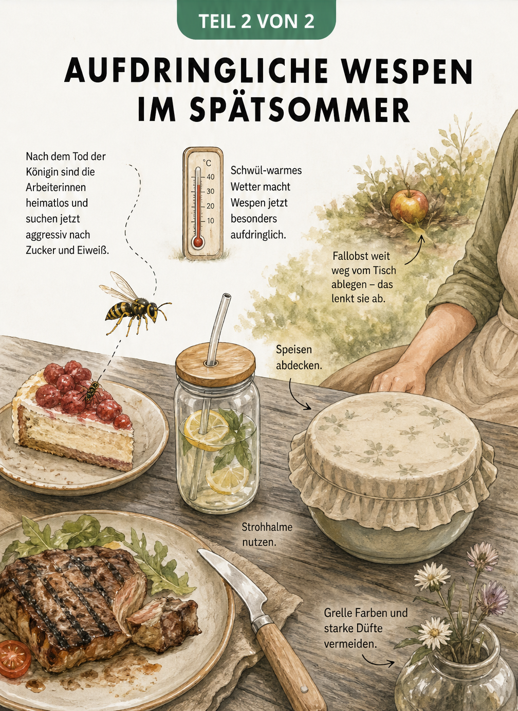 Illustration eines Gartentisches im Spätsommer: Eine Wespe fliegt auf Kuchen zu, während abgedeckte Speisen und Fallobst als Ablenkung gezeigt werden.