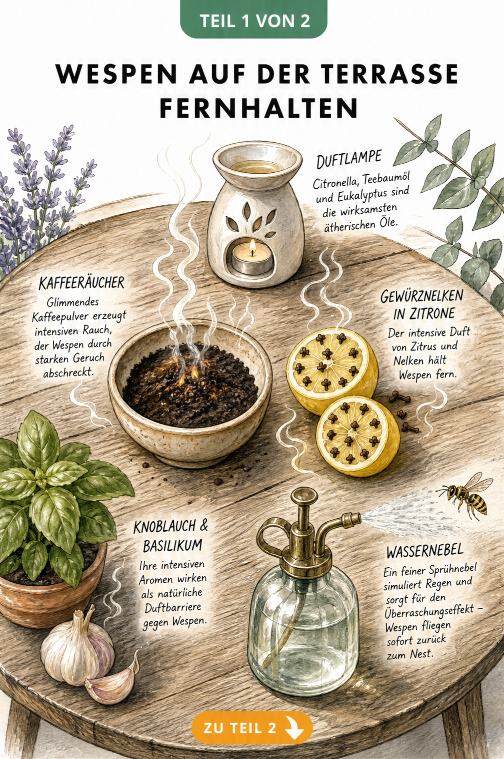 Illustration eines Terrassentisches mit natürlichen Abwehrmitteln gegen Wespen wie Kaffeepulver, Zitronen mit Nelken, Basilikum und einer Sprühflasche.