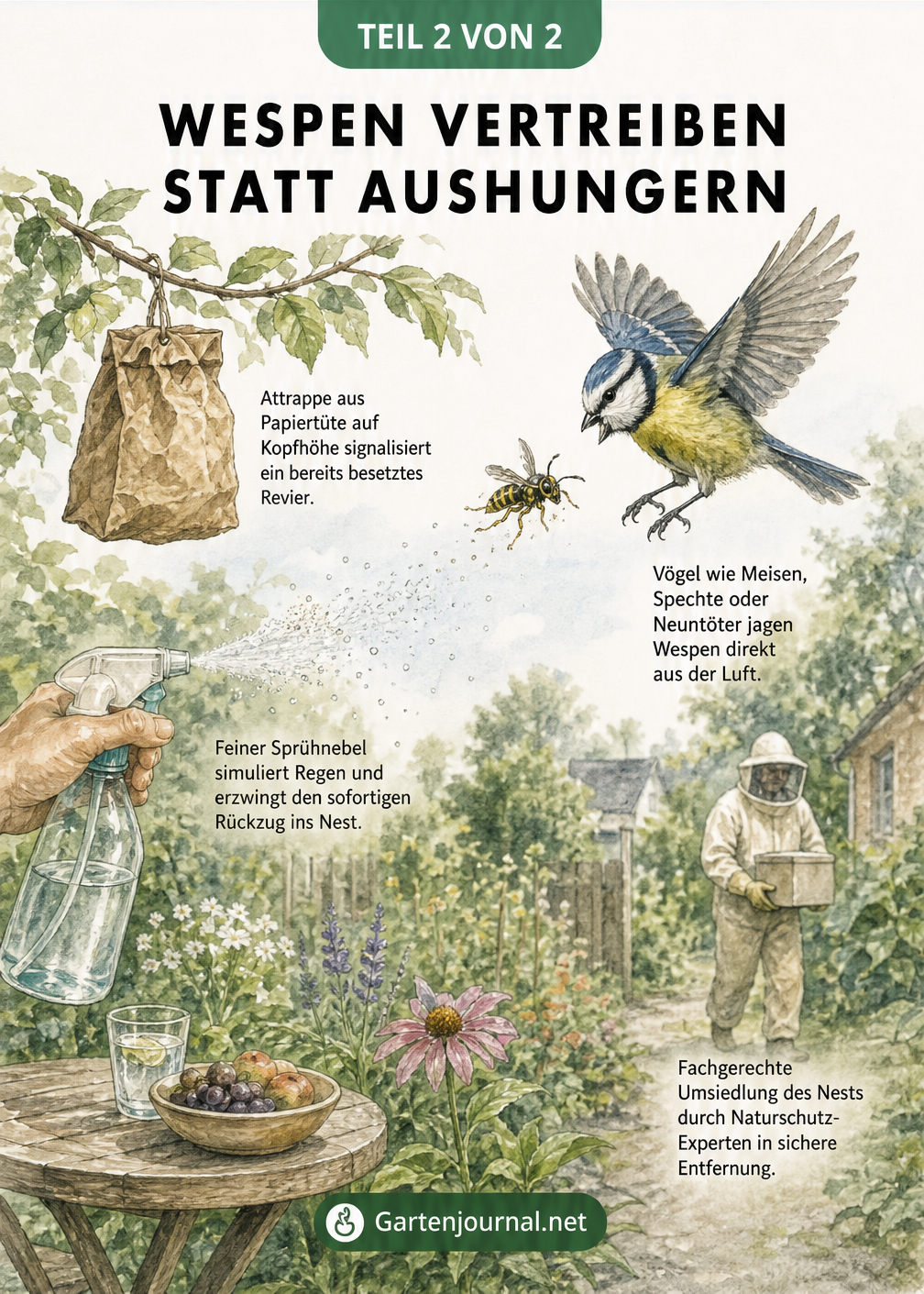 Aquarell-Illustration eines Gartens mit natürlichen Methoden zur Wespenabwehr wie Papiertüten-Attrappen, Vögeln und Sprühnebel.
