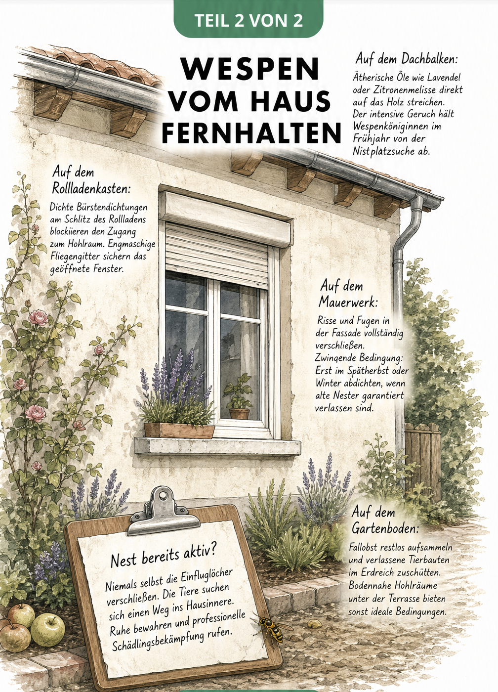 Architekturskizze einer Hausfassade mit Tipps zum Fernhalten von Wespen an Dachbalken, Rollladenkästen, Mauerwerk und Gartenboden