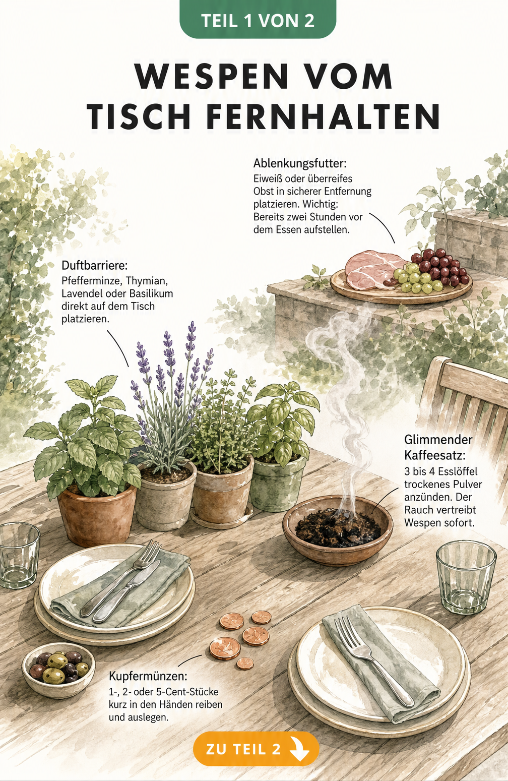 Illustration eines Gartentisches mit natürlichen Hausmitteln gegen Wespen wie Kaffeesatz, Kupfermünzen, Kräutern und Ablenkungsfutter