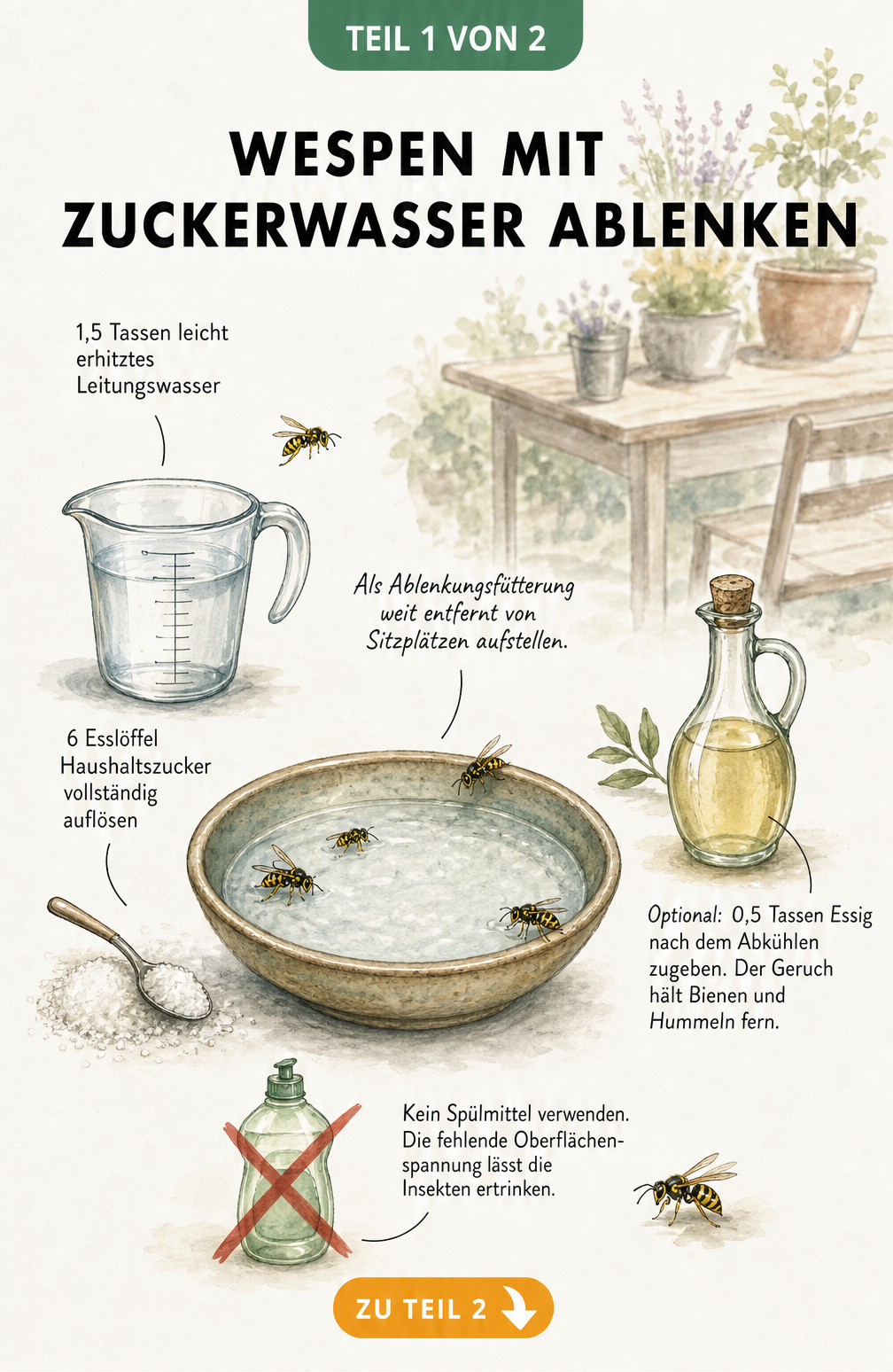 Illustration einer flachen Keramikschale mit Zutaten für Wespen-Zuckerwasser wie Wasser, Zucker und Essig