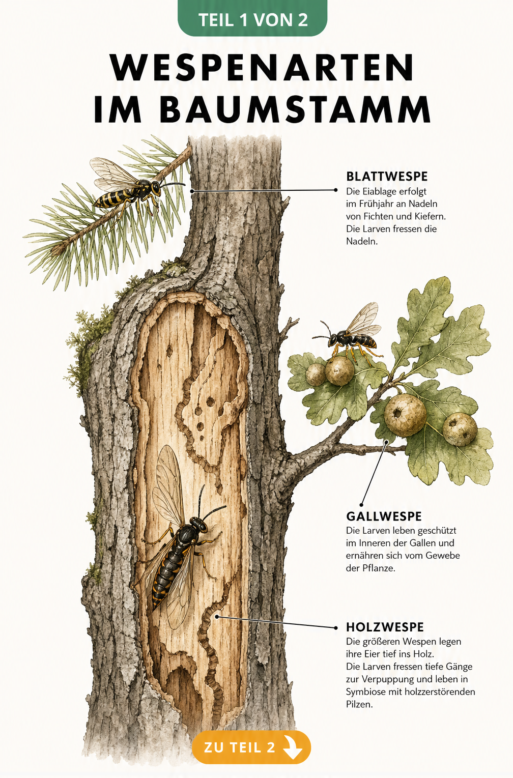 Botanische Illustration verschiedener Wespenarten wie Blattwespe, Gallwespe und Holzwespe an einem Baumstamm