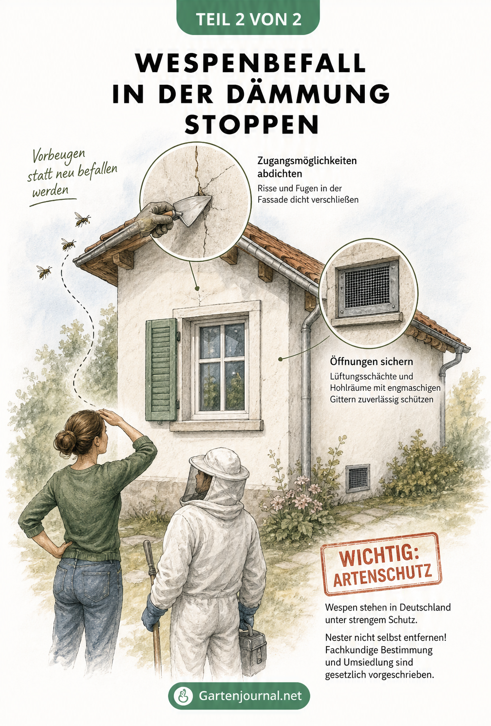 Illustration einer Hausecke mit Fachkraft zur Wespenumsiedlung und Detailansichten zum Abdichten von Rissen und Lüftungsschächten