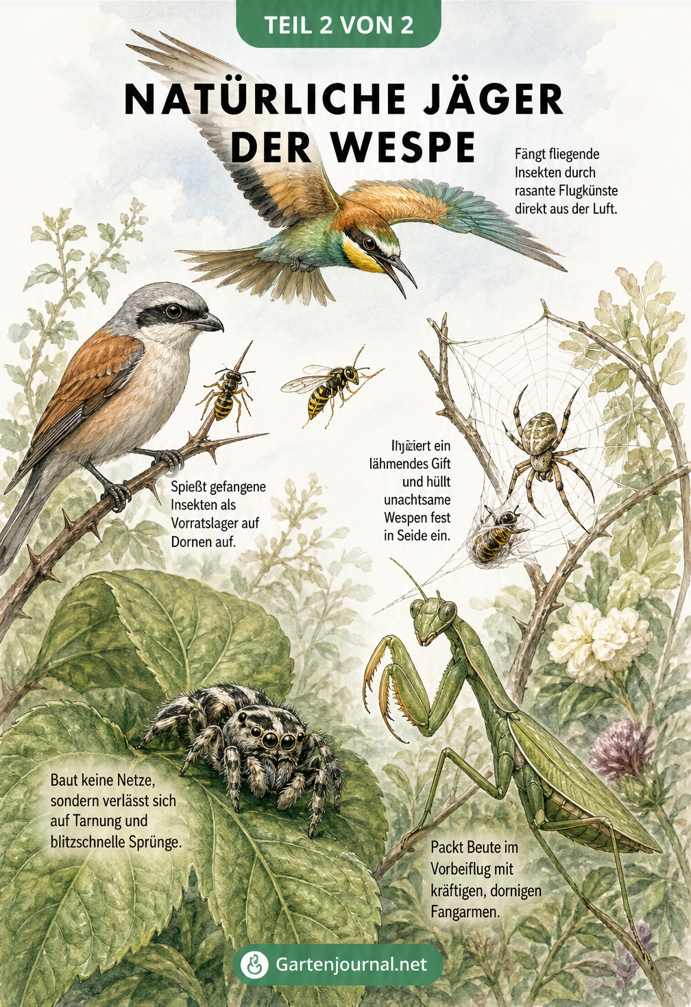 Illustration von fliegenden und lauernden Wespenjägern im Garten, darunter Bienenfresser, Spinnen und Gottesanbeterin