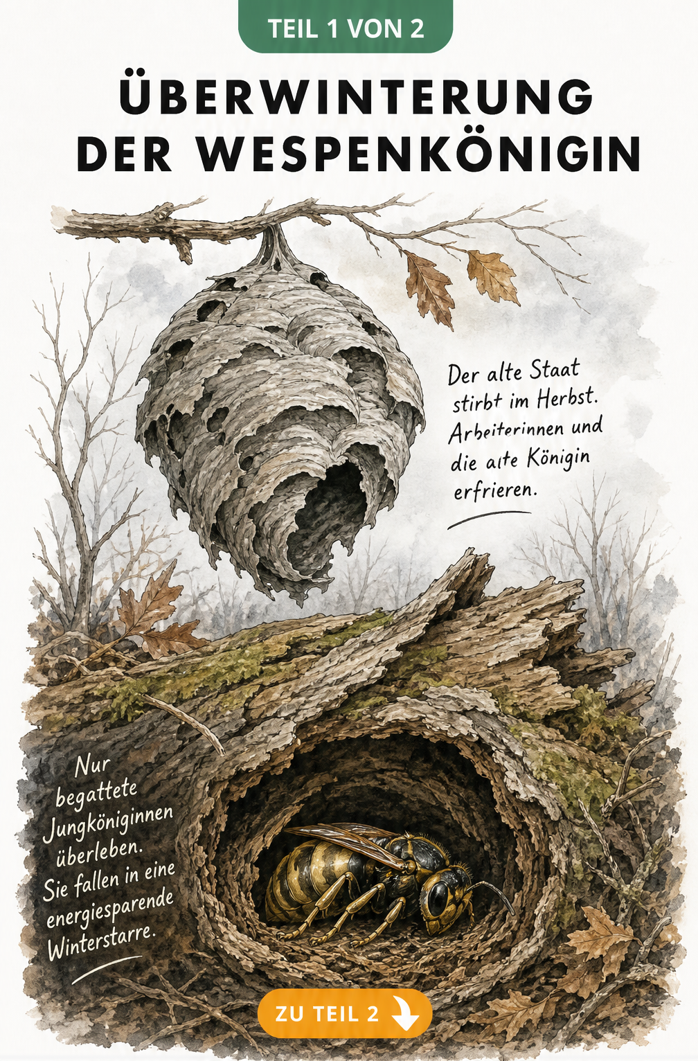 Illustration eines herbstlichen Gartens mit einem verlassenen Wespennest oben und einer überwinternden Wespenkönigin in einem hohlen Baumstamm unten.