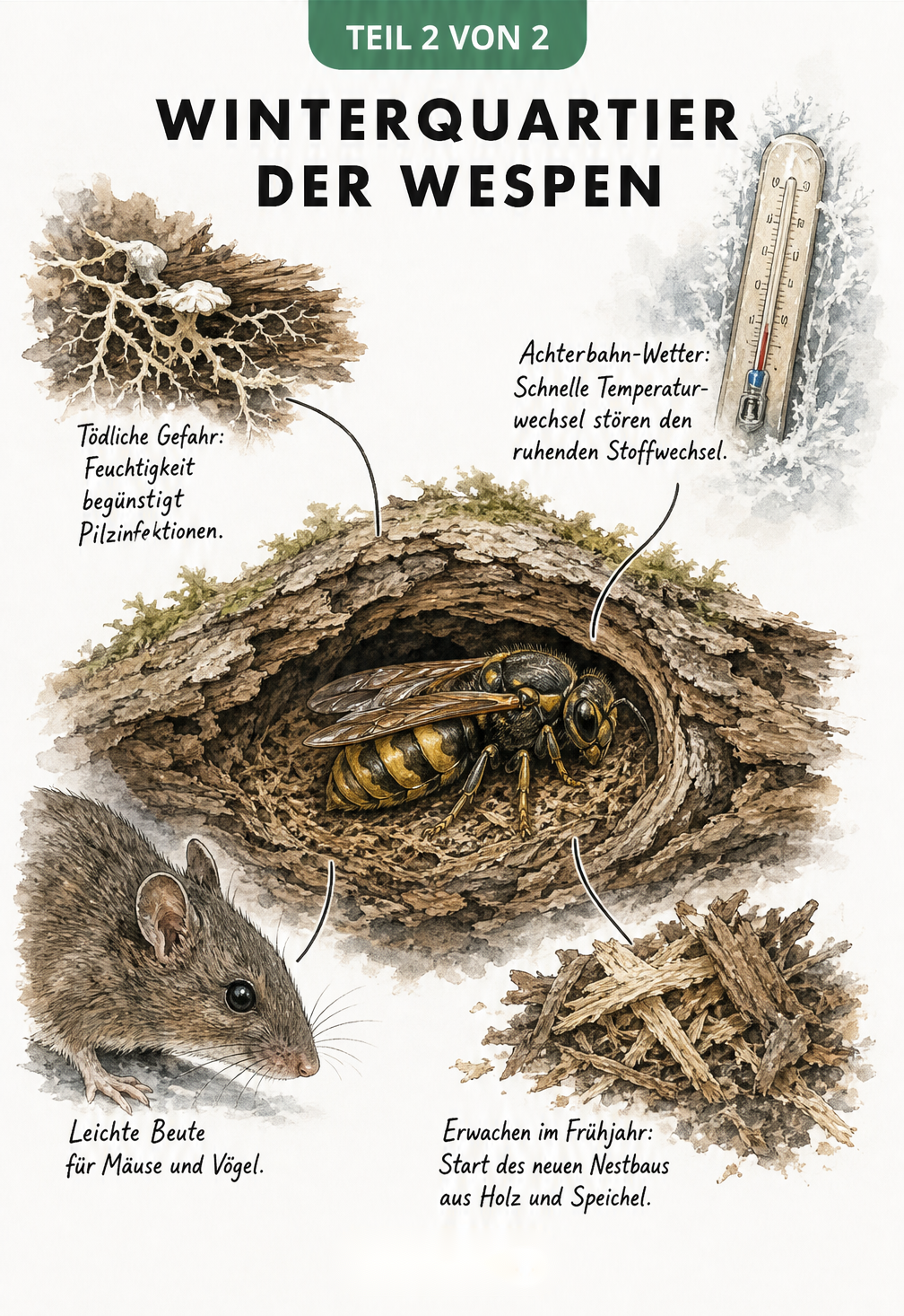 Makro-Illustration einer ruhenden Wespenkönigin unter Baumrinde, umgeben von Gefahren wie Pilzinfektionen, Temperaturschwankungen und Fressfeinden.