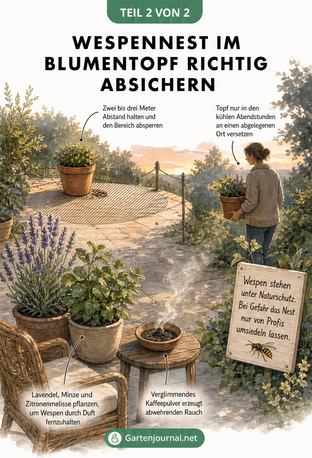 Terrassenszene mit abgesperrtem Blumentopf, Lavendel und verglimmendem Kaffeepulver zur Wespenabwehr
