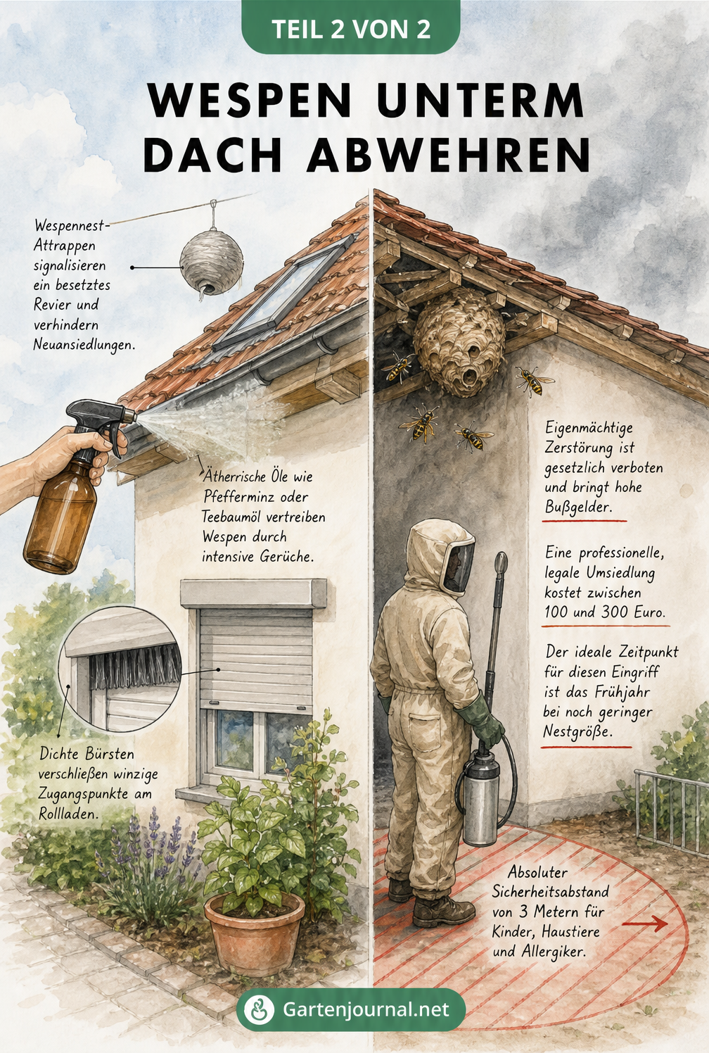 Illustration einer Hausfassade mit präventiven Maßnahmen gegen Wespen und einem Wespennest unterm Dach