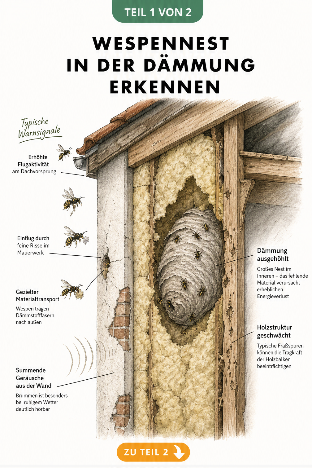 Schnittdarstellung einer Hauswand mit Wespennest in der Dämmung, Fraßspuren und Wespen am Einflugloch