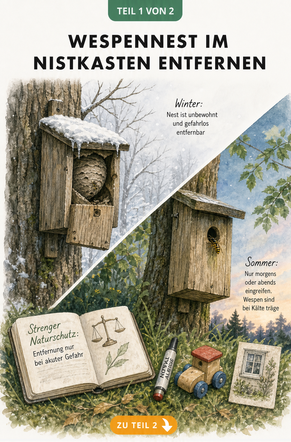 Illustration eines Nistkastens im Winter und Sommer mit Hinweisen zur Entfernung von Wespennestern