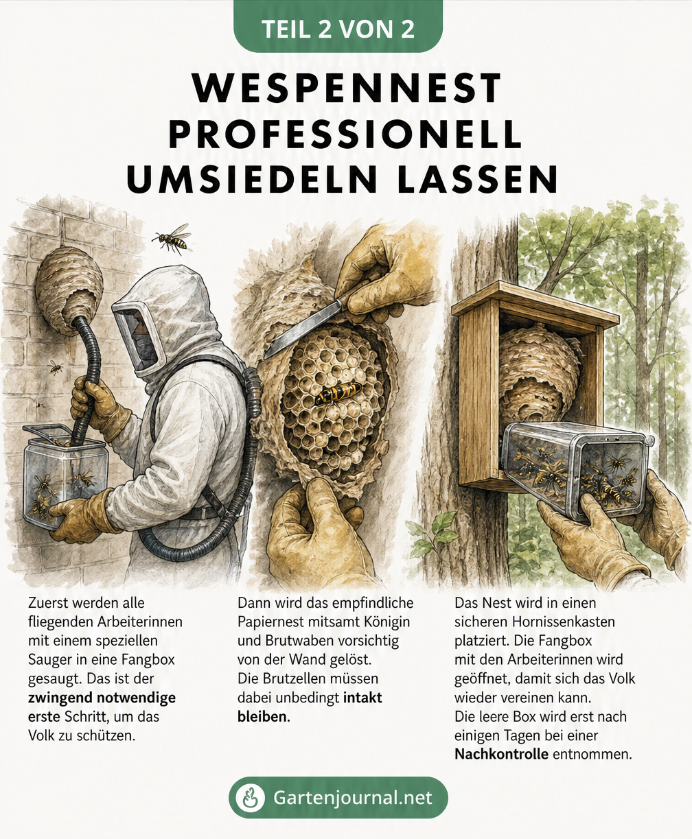 Gezeichnete Anleitung zur professionellen Umsiedlung eines Wespennestes: Absaugen der Arbeiterinnen, Ablösen des Nestes und Einsetzen in einen Hornissenkasten.