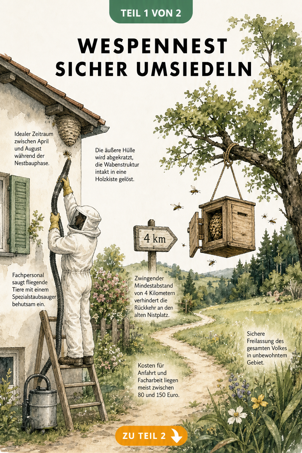 Illustration der sicheren Wespenumsiedlung durch Fachpersonal mit Spezialstaubsauger und Transportkiste