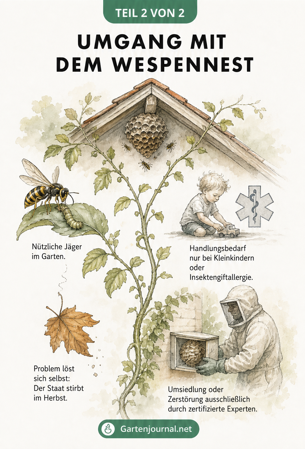 Zweigeteilte Illustration: Links nützliche Wespen im Garten, rechts eine professionelle Umsiedlung des Nests bei Gefahr für Kleinkinder.