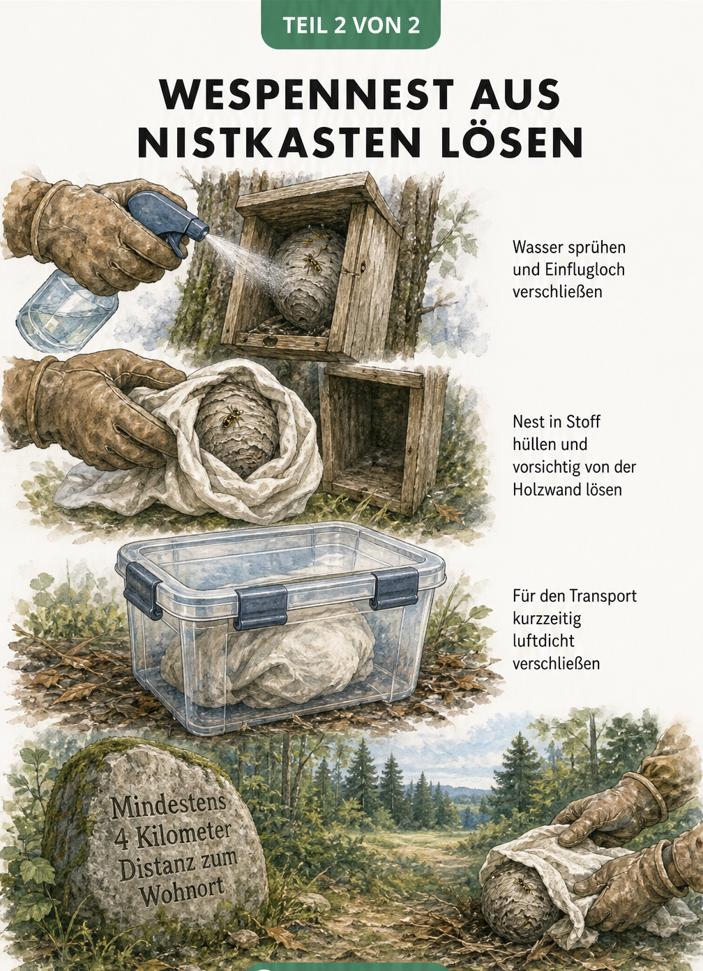 Aquarell-Illustration zur sicheren Umsiedlung eines Wespennestes aus einem Nistkasten