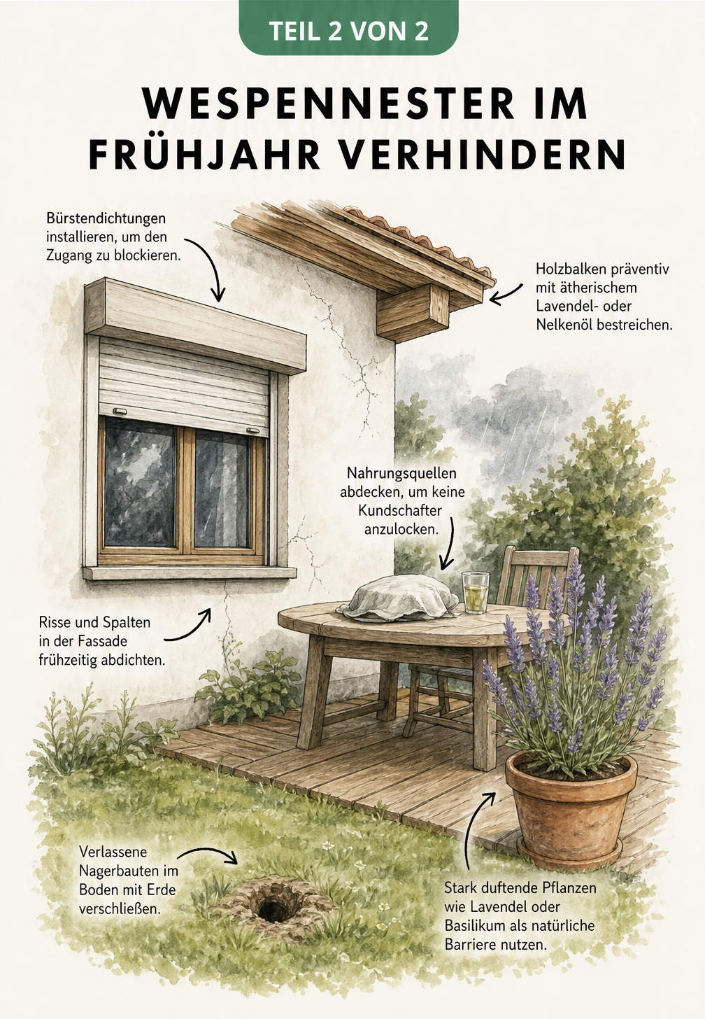 Schnittzeichnung eines Hauses und Gartens mit Tipps zur Vermeidung von Wespennestern