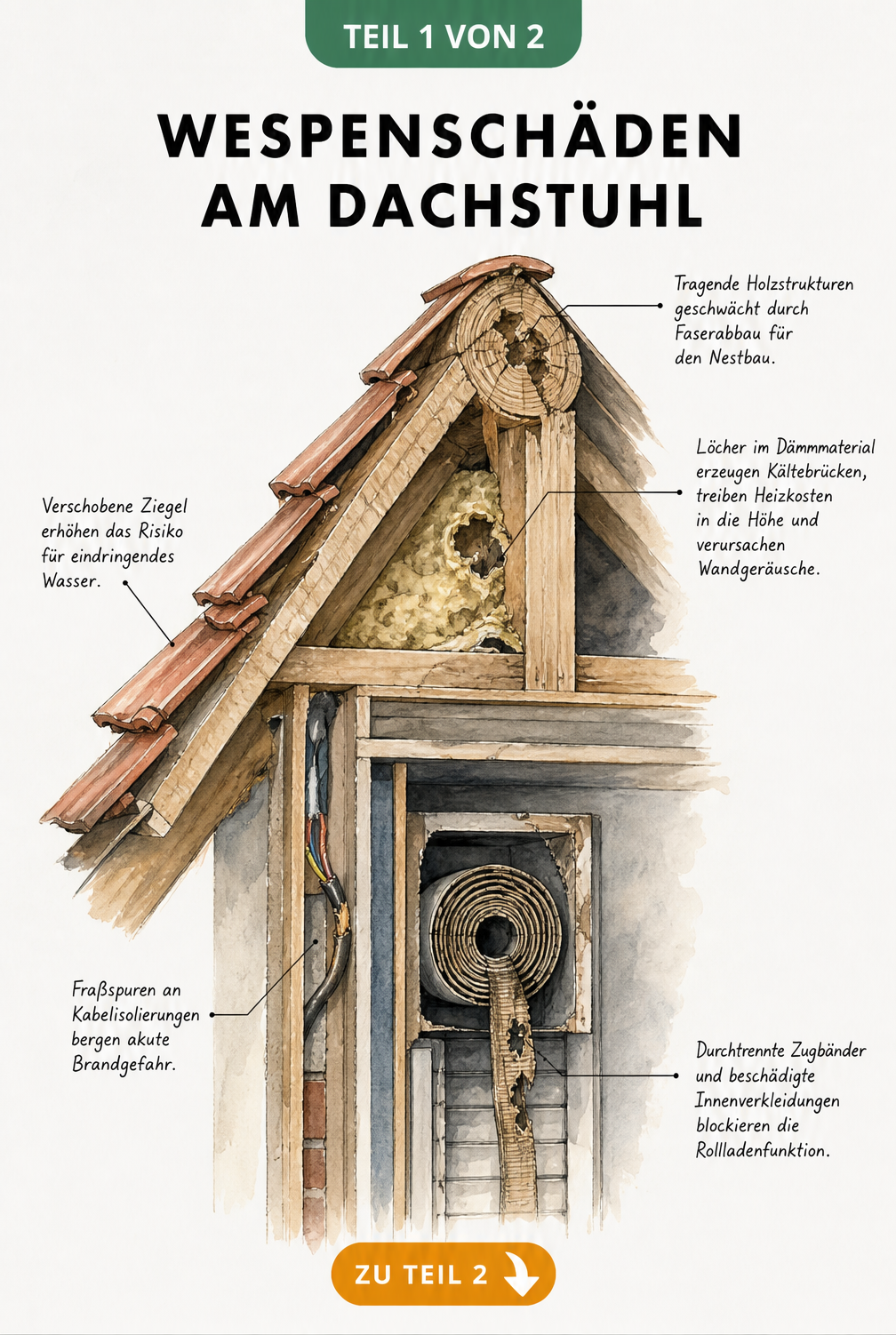 Schnittzeichnung eines Dachgiebels und Rollladenkastens mit Wespenschäden an Dämmung, Kabeln und Zugbändern