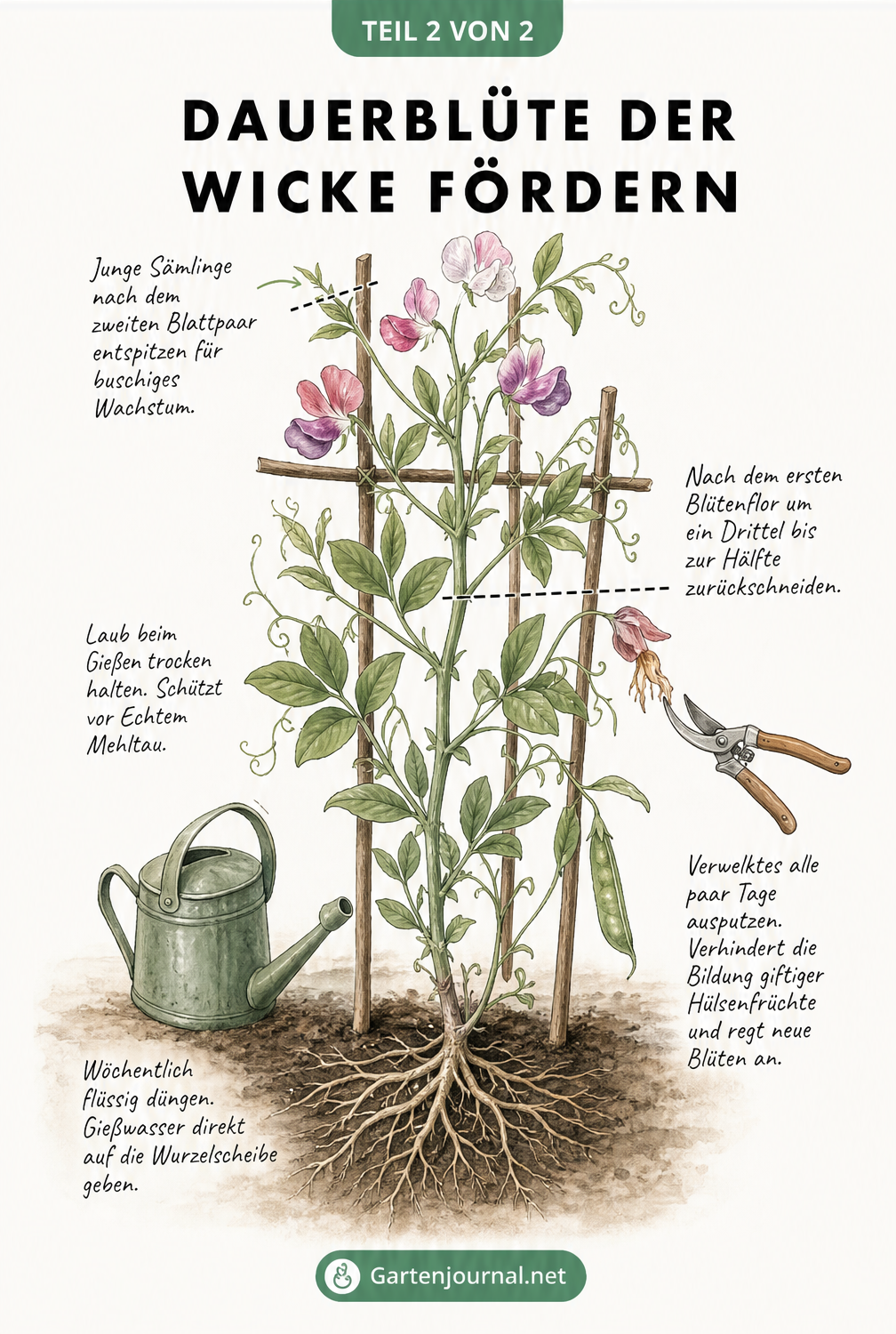 Botanische Lehrtafel einer blühenden Wicke am Weidenspalier mit Pflegehinweisen zu Düngung, Gießen, Ausputzen und Schnitt
