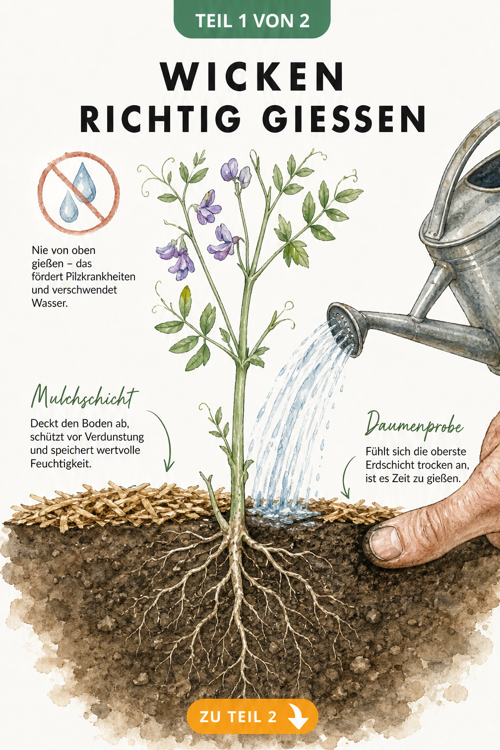Botanische Schnittzeichnung einer Wicke, die direkt an der Wurzel gegossen wird, mit Mulchschicht und Daumenprobe