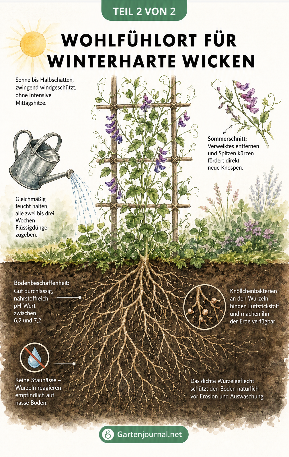 Querschnitt durch ein Gartenbeet mit einer Wicke am Spalier, zeigt idealen Standort, Wasserbedarf, Sommerschnitt und Bodenbeschaffenheit.