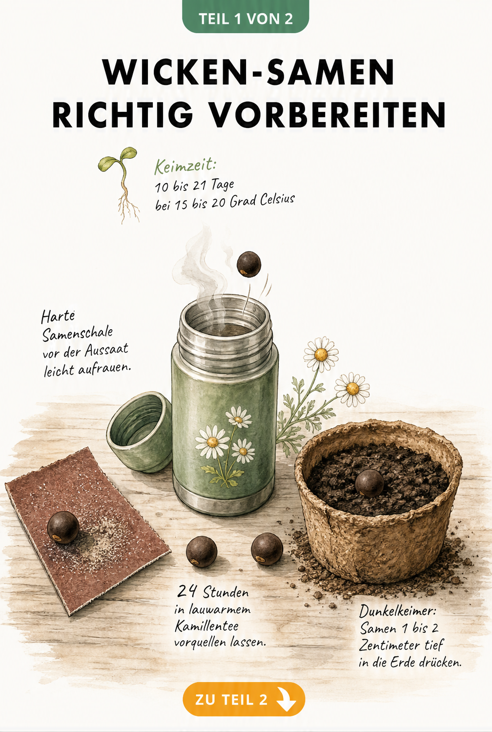 Illustration von Wicken-Samen auf einem Holztisch mit Schmirgelpapier, Thermoskanne und Quelltopf zur Vorbereitung der Aussaat
