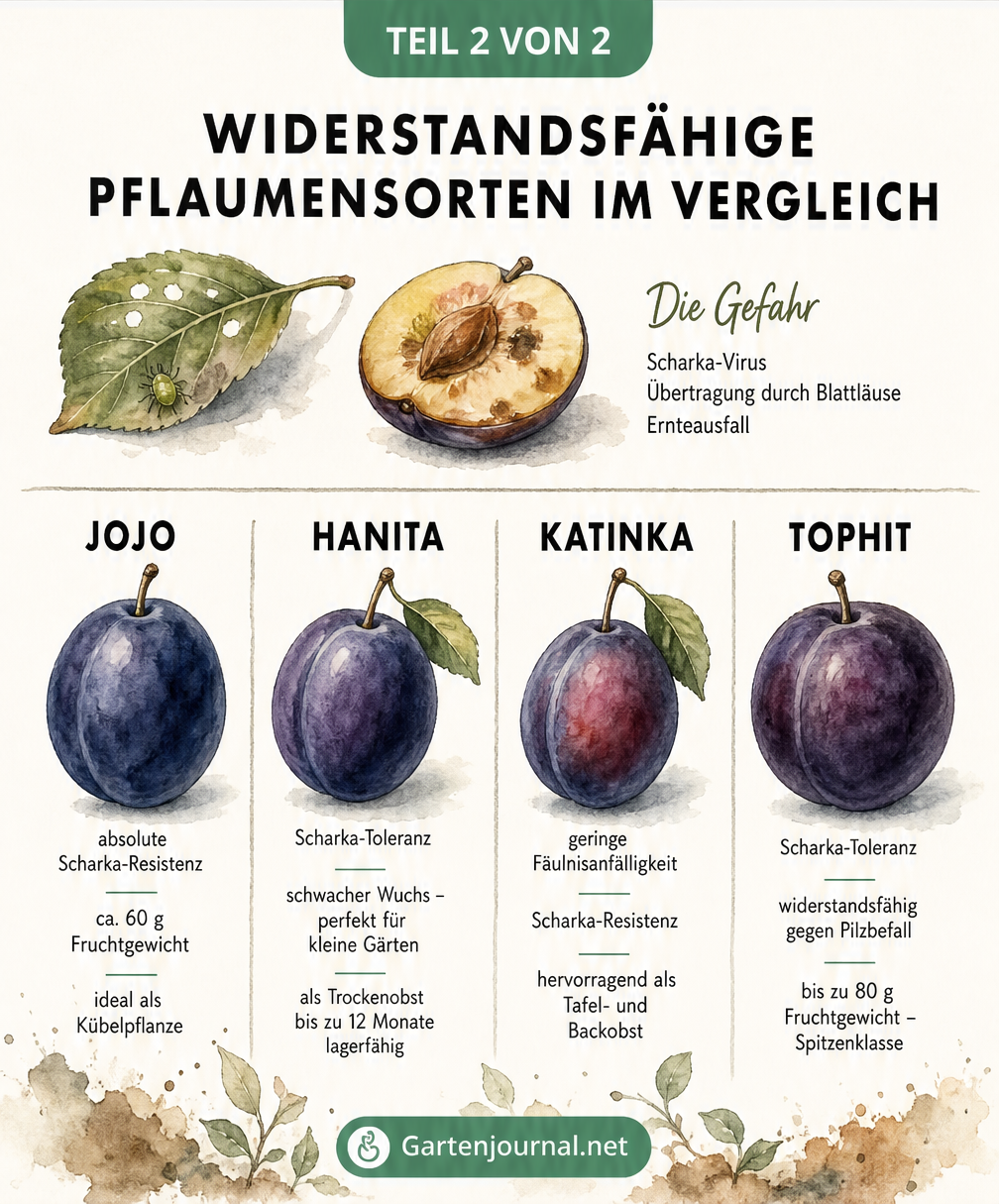 Skizze von Pflaumenblättern und Früchten mit Scharka-Virus sowie vier resistenten Pflaumensorten