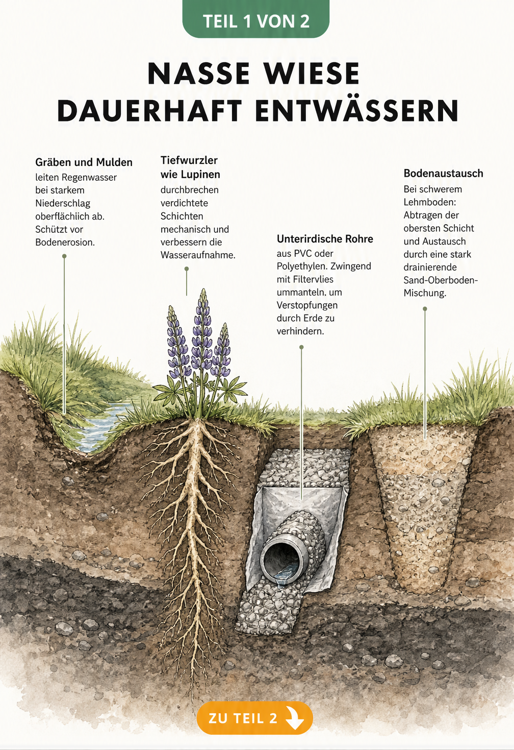 Querschnitt durch den Gartenboden mit vier Methoden zur Wiesentwässerung: Oberflächenentwässerung, biologische Entwässerung, Drainagesystem und Bodenaustausch.